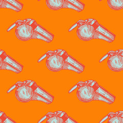 Sport whistle engraving seamless pattern. Vintage background sport topic in hand drawn style.
