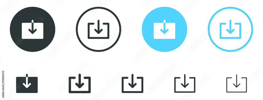 Poster download icon symbol swipe up icon button. Scroll arrow down icon sign - downloading file icon button, save, import icons