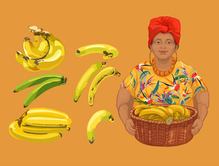 737_banana_woman with dark skin bananas from different angles, whole, cartoon banana slices, banana peel, yellow tropical fruits, banana snacks or vegetarian food, dark-skinned African woman in bright