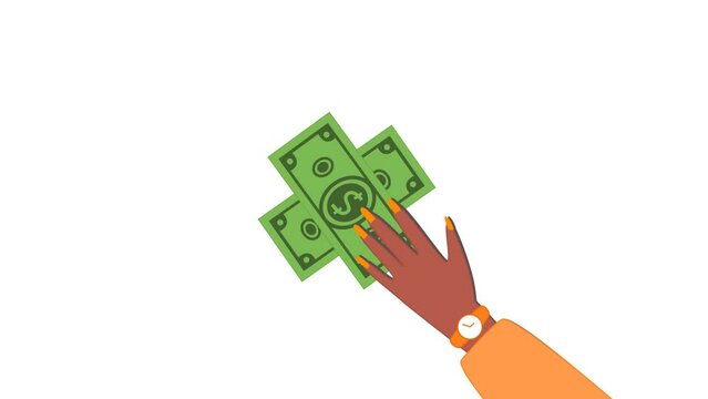 Animation or motion graphic Hands of young successful men and women businessmen, investors and traders bring cartoon dollars to a common pile of money on a white background