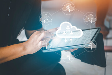 remote work, born in cloud and digital native business concept. man use Digital tablet with cloud economic team diagram show virtual desktop. Cloud technology. modernization business