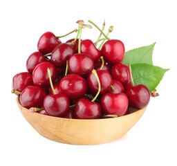 Cherries in the wooden cup isolated on white background.