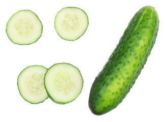 Cucumber and cucumber slices isolated on white background.