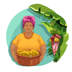738_banana_woman with dark skin background template with exotic tropical plant, part of a palm tree with green leaves, purple flower and ripe banana fruits, suitable for web design, website design, me