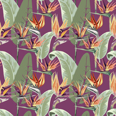 739_Strelitzia seamless abstract pattern with tropical exotic palm leaves, beautiful strelitzia flowers, artistic ornament for fabric, wallpapers, posters, vector graphic