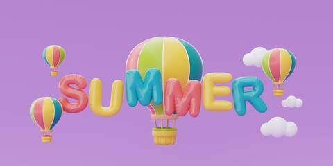 Summer time concept with colorful hot air balloon floating on purple background, 3d rendering.