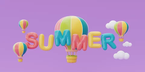 Crédence de cuisine en verre imprimé Montgolfière Summer time concept with colorful hot air balloon floating on purple background, 3d rendering.