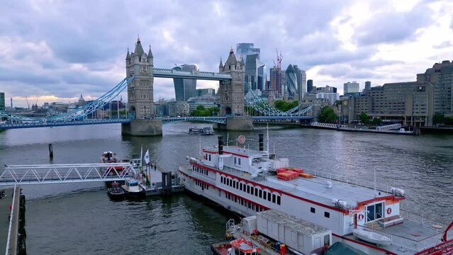 Famous Tower Bridge and City of London in the evening - aerial view - travel photography