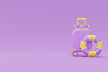 Summer time concept with suitcase and summer beach elements on purple background, 3d rendering.