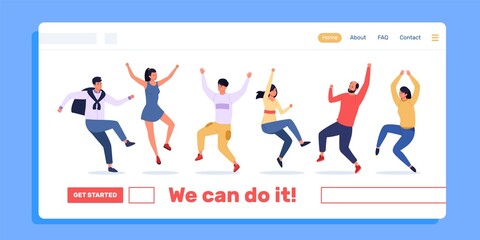 Jumping people landing. Web page template with happy friends dancing together and have fun. Vector positive motivation and success concept