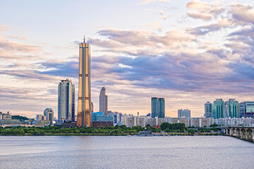 Seoul Yeouido skyscrapers and Han River scenery taken at sunset time in the evening