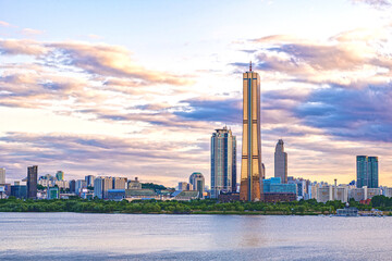 Seoul Yeouido skyscrapers and Han River scenery taken at sunset time in the evening