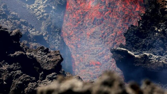 Lava flow movement detail on Etna volcano erupting during 7june 2022