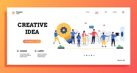 Obraz na płótnie Canvas Creative idea landing. Web site template with group of coworkers working together on problem solution concept. Vector business illustration
