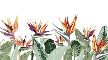 746_Strelitzia Seamless wallpaper, abstract pattern of exotic tropical plants, flowers, strelitzia leaves, textile composition, hand drawn style print, vector illustration