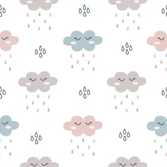 Gordijnen Cute cloud seamless pattern background. Children print with eyelash clouds on white background. Design for kids birthday card, wallpaper or fabric, baby shower invitation template. © LindaAyu