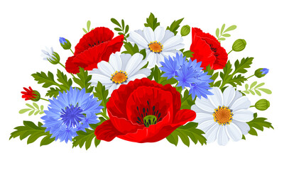 Gentle bouquet of wildflowers. Red poppy, white daisy, blue cornflower, leaves and buds. Vector illustration.