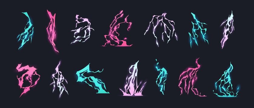 Cartoon lightning effect. Thunderbolt strike comic sprite asses for 2D game, lightning natural electricity discharge clip art collection. Vector isolated set