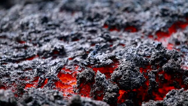 Etna Lava flow movement detail on  volcano erupting during 7june 2022