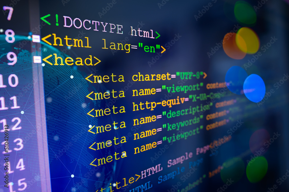 Poster HTML code on computer monitor and server room background.