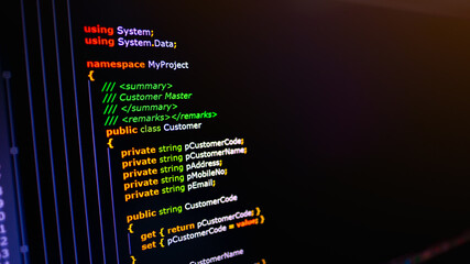 C sharp programming language source code example on monitor, C# source code.