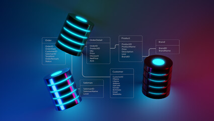 Multiple database is placed on Relational database tables. Concept of database server, SQL, data storage, database diagram design, Data center, Webhosting. 3D illustration. Top view. © Tee11