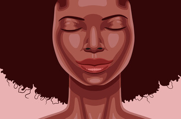 Vector portrait in cartoon style of serene African American woman with eyes closed.  Meditation of calm young woman.