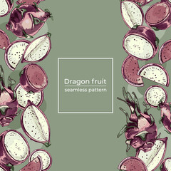 726_dragon fruit plant_dragon fruit seamless pattern with exotic tropical fruit, whole and sliced ​​pitaya, dragon fruit, hylocereus, pitahaya