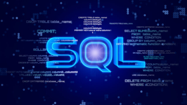 SQL word and SQL statements (Structured Query Language) code on a blue background. 3D illustration.