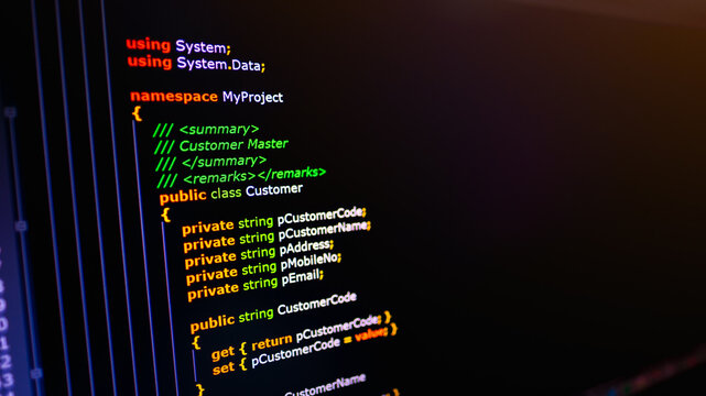 C sharp programming language source code example on monitor, C# source code.
