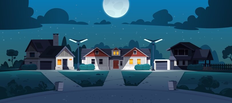 Suburban night street. Cartoon neighborhood country houses with lawn bushes and trees at night. Vector late evening town landscape