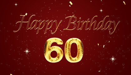 Sixty years birthday Anniversary number 60 foil gold balloon. Happy birthday, congratulations poster. Golden numbers with sparkling golden confetti on Red Background. 3D Rendering