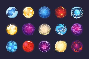 Cartoon energy spheres. Magic fantasy orb asset for 2D game, witchcraft prophesy globe and crystal sphere with shiny sparks sprite collection. Vector set - obrazy, fototapety, plakaty