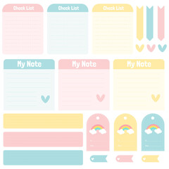 Cute paper notes. Stationary set. Scrapbook notes and cards.Printable planner stickers. To Do List note. Template for your message. Decorative planning element. Vector illustration.