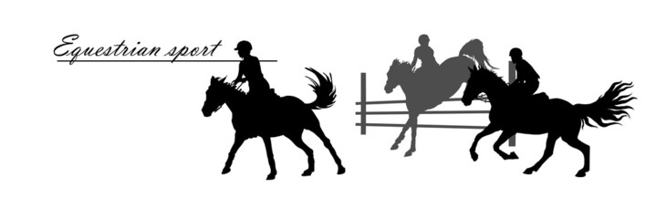 a set of silhouettes. a rider jumping over an obstacle on a horse, isolated images, a black silhouette on a white background.