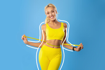 Blonde woman measuring waist, sharing weight loss result, being happy over slimming process, keeping healthy diet - obrazy, fototapety, plakaty
