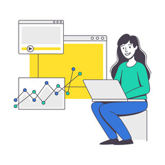 Online Conference with Woman Talking Via Internet Platform Outline Vector Illustration