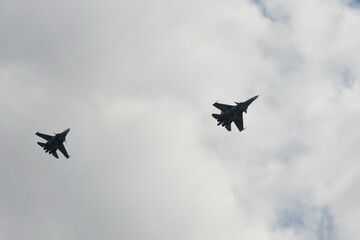 Russian two-seat twin-engine super maneuverable deck-mounted multi-purpose fighters Su-30CM (Flanker-C) at the MAKS-2021 International Air Show