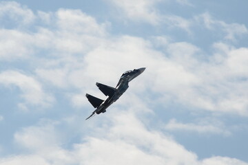 Russian two-seat twin-engine super maneuverable deck-mounted multi-purpose fighter Su-30CM (Flanker-C) in the sky at  International  Salon MAKS-2021