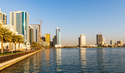 Naklejka premium Sharjah, UAE - 02.06.2021 - People enjoying day out at Noor island area. Outdoors