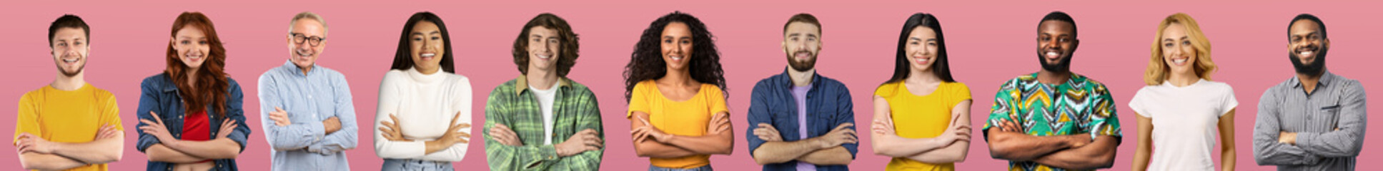 Fototapeta na wymiar Banner with multiethnic team posing on pink background