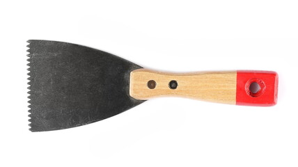 Metal trowel tool, bricklaying equipment isolated on white, top view  