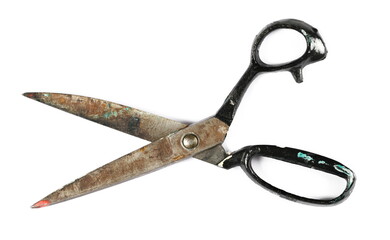 Old, dirty scissors open isolated on white 