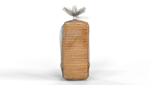 Sliced bread bag packaging in transparent foil isolated on white background high quality details.3d rendering
