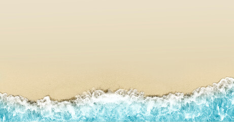 Sparkling waves hitting the shore on the beach, sand beige background image, holiday concept, travel.
