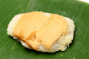 khao Neeo Sangkaya, Sticky rice with Thai custard or steamed custard on banana leaf.