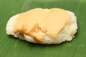 khao Neeo Sangkaya, Sticky rice with Thai custard or steamed custard on banana leaf.