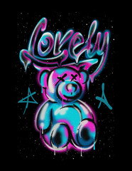 Fototapeta premium colorful teddy bear spray illustration in street style with slogan print design