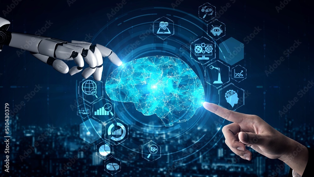 Poster futuristic robot artificial intelligence enlightening ai technology development and machine learning