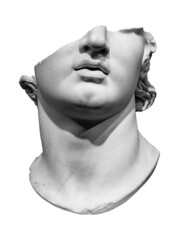 Antique broken marble head of a Greek youth from Hellenistic period, 2nd century B.C. Close up isolated stone object